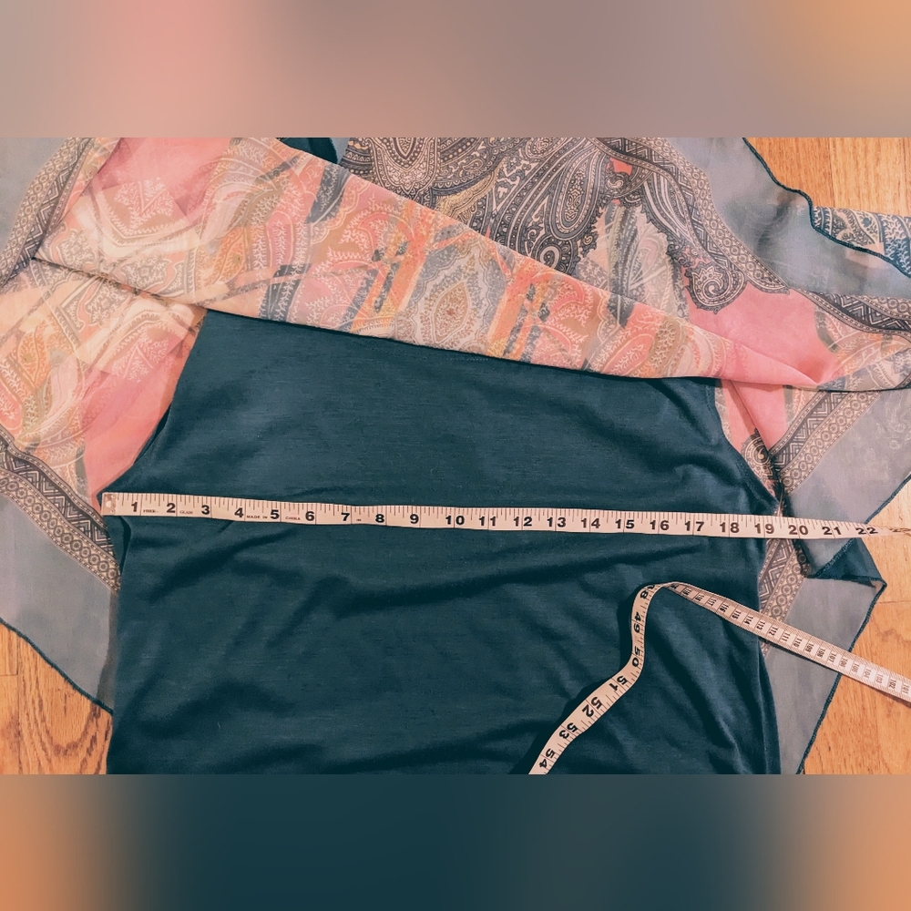 B.L.E.U. Teal Chiffon Scarf Handkerchief Overlay Paisley Print Tank Top sz L - Picture 10 of 11